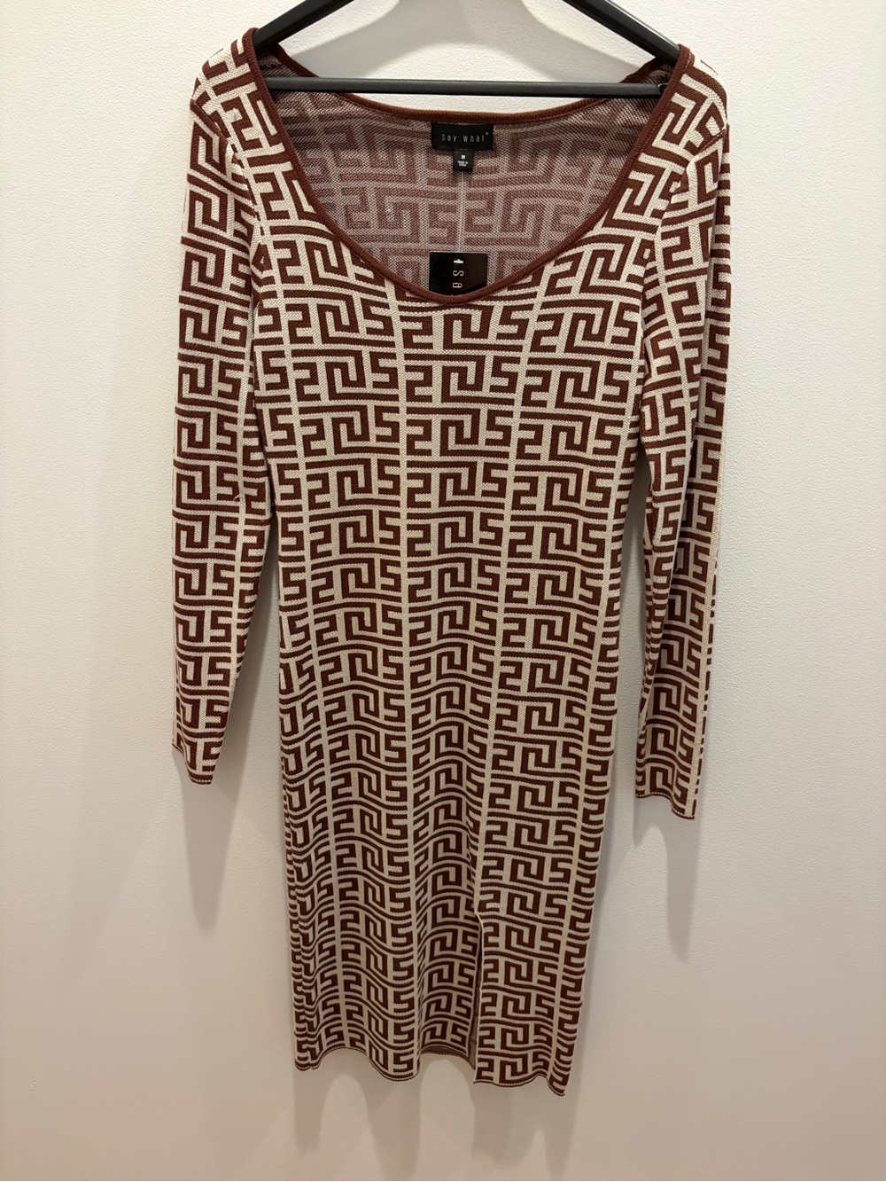 Say What? Brown & Cream Geometric Knit Long Sleeve Dress